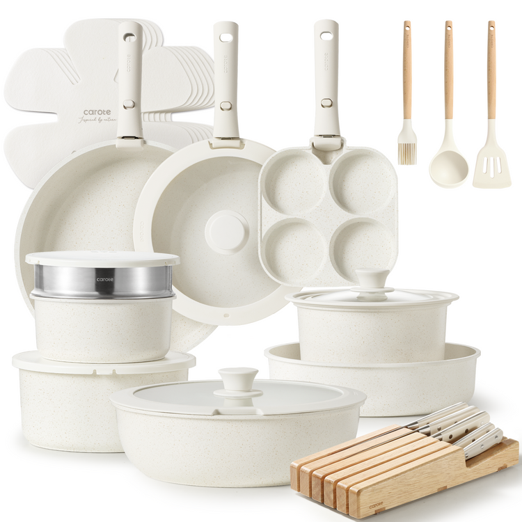 CAROTE Pots and Pans Set Non Stick, Cookware Sets Nonstick, 33pcs Kitchen Set, Oven Safe, Induction Ready, Stackable Non-stick Set with Removable Handle, RV Set with Detachable Handle, Cream White