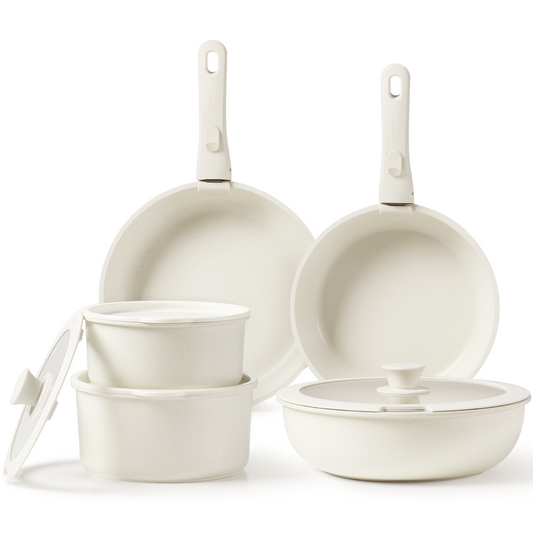 CAROTE 11-Piece Nonstick Cookware Set with Detachable Handles - Cream White