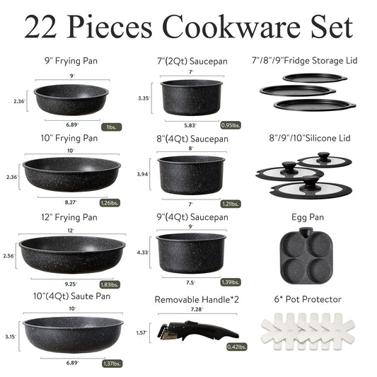 Carote 22pcs Nonstick Cookware Set With Detachable Handle, Induction Kitchen Sets Non Stick, Removable Handle, RV Oven Safe, Black