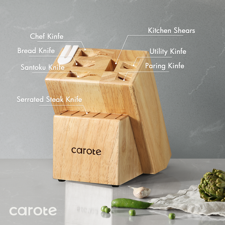 CAROTE 14 件套厨房刀具套装带刀座，不锈钢刀片刀座套装，带内置磨刀器的餐具，锋利无比，白色