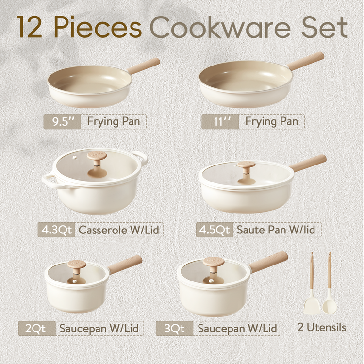 CAROTE 14 Pcs Pots and Pans Set Nonstick Ceramic Cookware Sets - Cream White