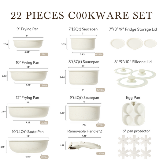 Carote 22pcs Nonstick Cookware Set With Detachable Handle, Induction Kitchen Sets Non Stick, Removable Handle, RV Oven Safe, Cream White