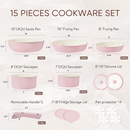 CAROTE Pots and Pans Set, Nonstick Cookware Sets Detachable Handle, 15pcs Induction Kitchen Cookware Set Non Stick with Removable Handle, Oven Safe, RV Cookware Set, Pink Granite