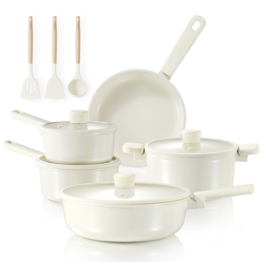 CAROTE 12pcs Cookware set Pots and Pans Set Non stick White