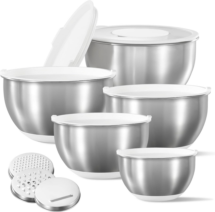 CAROTE Stainless Steel Mixing Bowls with Lids Set,12 Pcs Nesting Bowls Clear Airtight Lids 3 Grater Attachments,Non-Slip Bottoms & Measurement Marks Mixing Bowls,Size 5,3,2,1.5,1QT