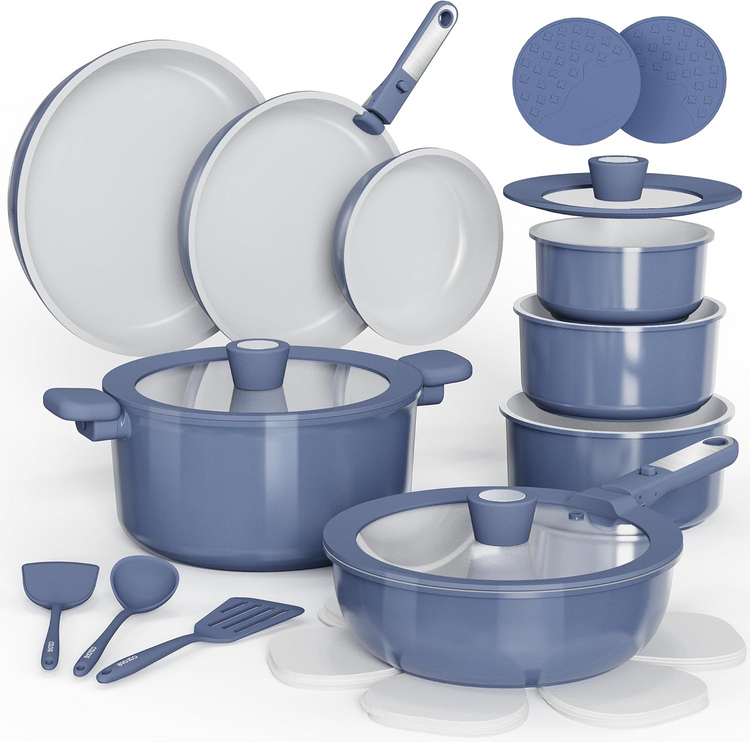 CAROTE 25pcs Ceramic Cookware Set, Pots and Pans Set Non Stick, Induction Kitchen Cookware Sets, Non Stick RV Cookware Set with Detachable Handle, Dishwasher/Oven Safe Cookware Set, Navy